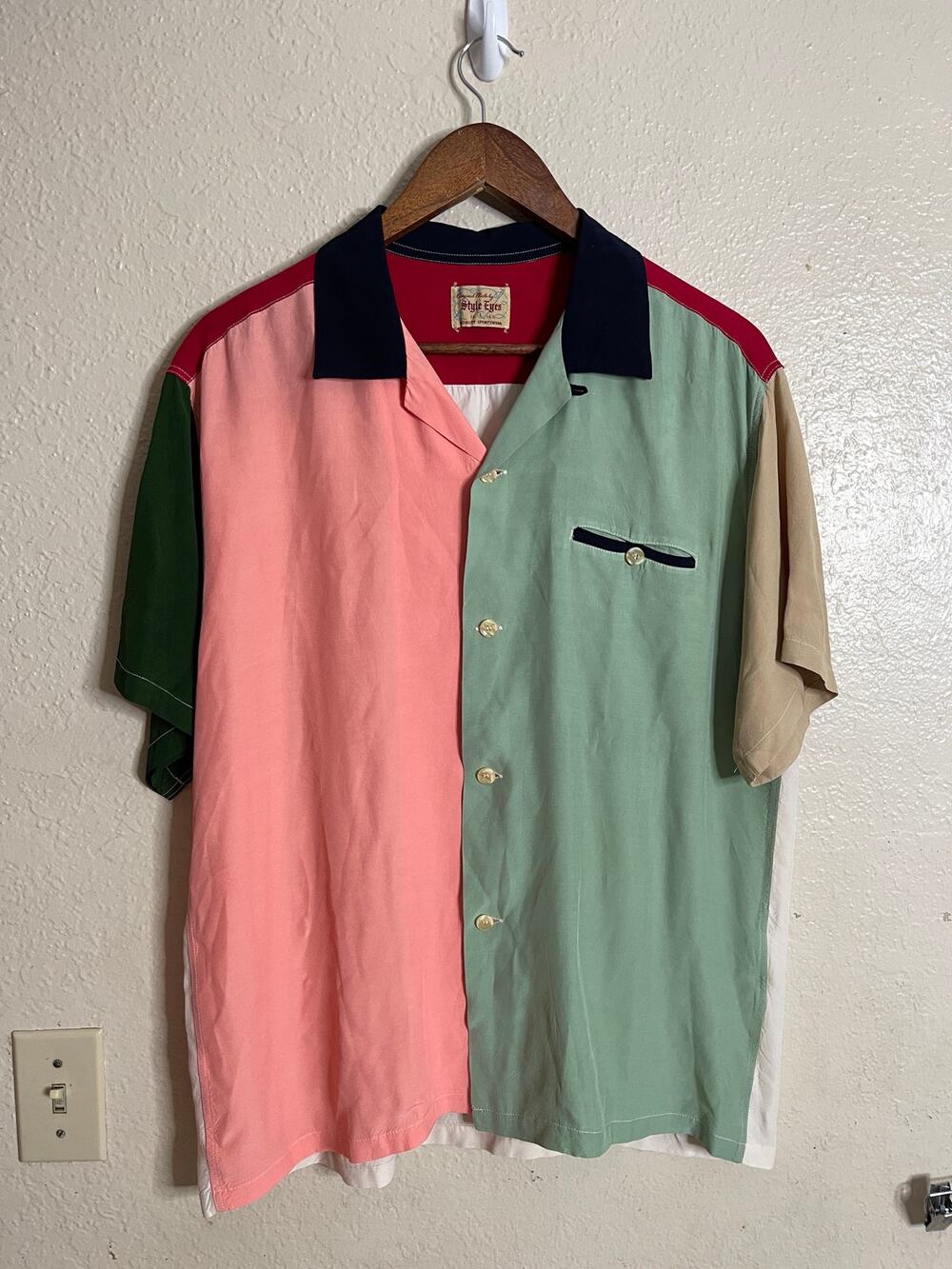 Vintage Style Eyes Japan Rayon Bowling Shirt Colorblock Retro Preppy  Mens L